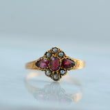Antique Victorian 1872 Garnet Seed Pearl 15ct Ring