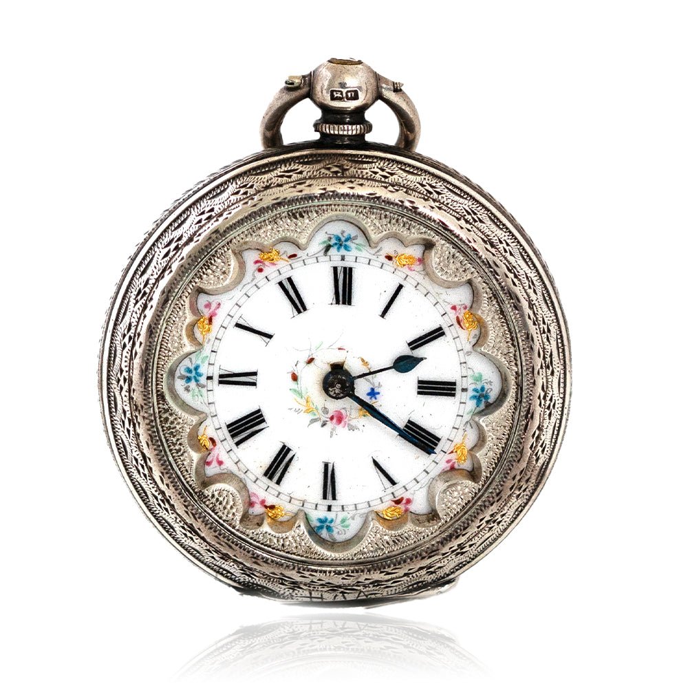 Antiguo reloj de bolsillo victoriano de plata para señora de 1887