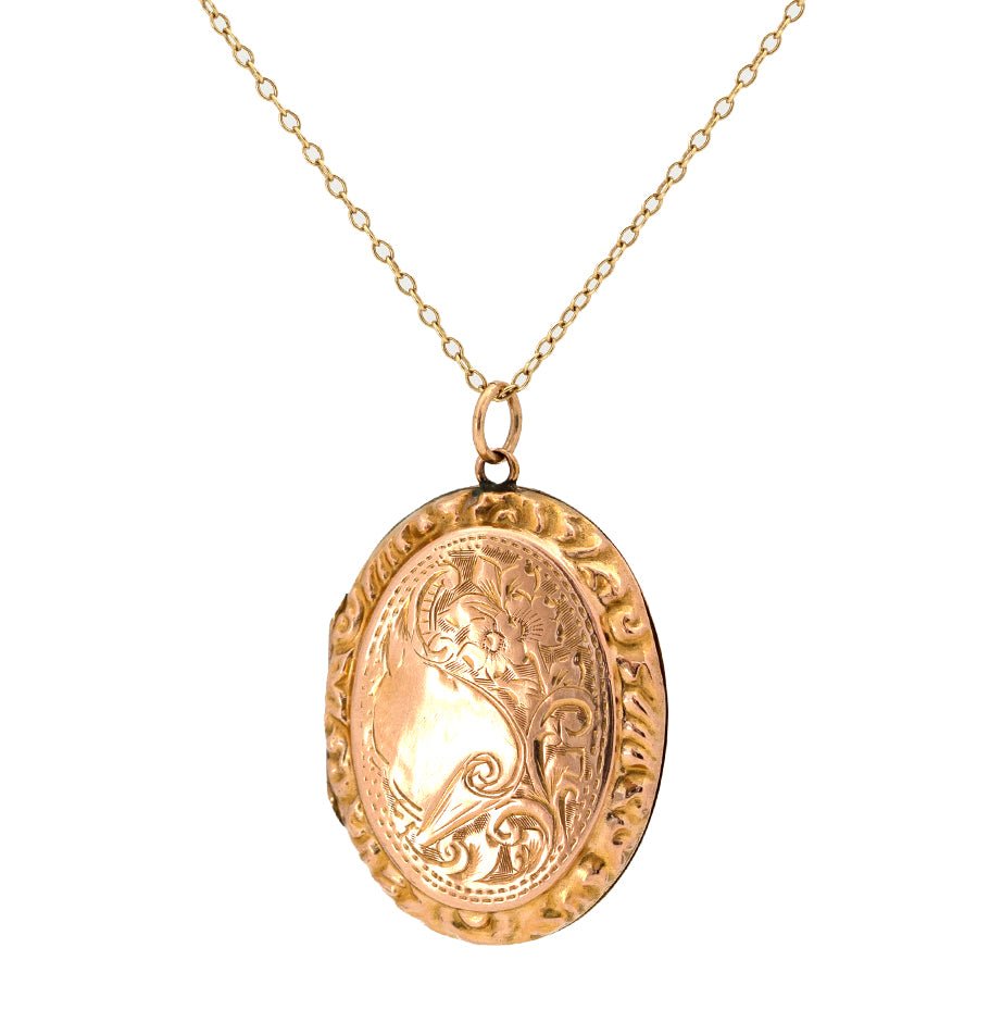 Collar de relicario ovalado victoriano antiguo de oro de 9 quilates grabado