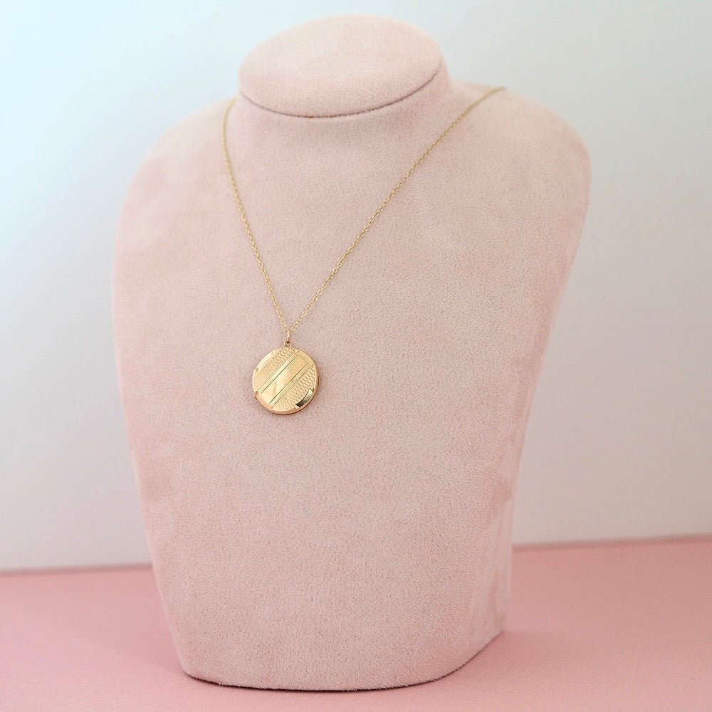 Victorian 9K Gold Engine-Turned Round Antique Locket Necklace, view 2