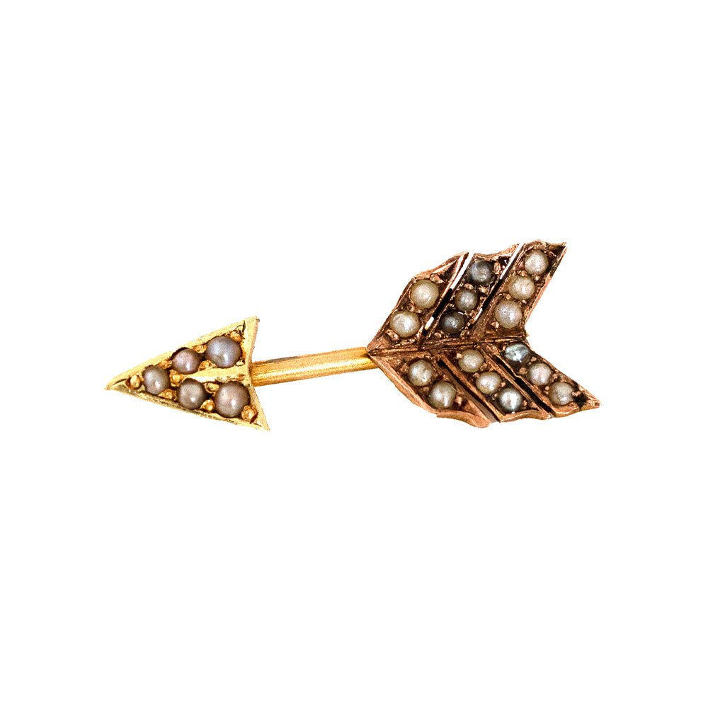 Victorian Seed Pearl 9K Gold Arrow Antique Pin Brooch