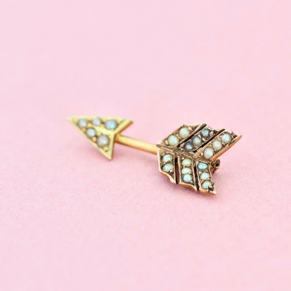 Victorian Seed Pearl 9K Gold Arrow Antique Pin Brooch, view 4