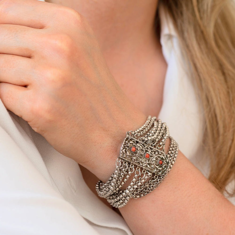 Antique Victorian Coral Silver Chain Wrap Bracelet