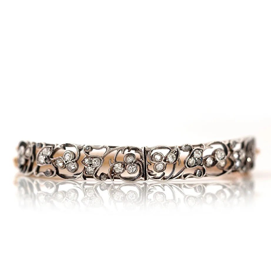 Victorian 1.50 Carat Old European Cut Diamond Flower 15K Gold and Silver Antique Bracelet