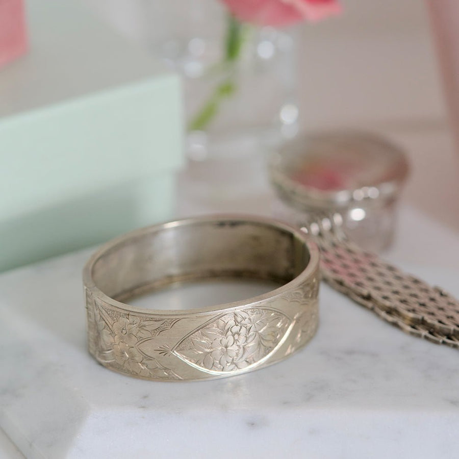 Antique Victorian Engraved Silver Bangle Bracelet