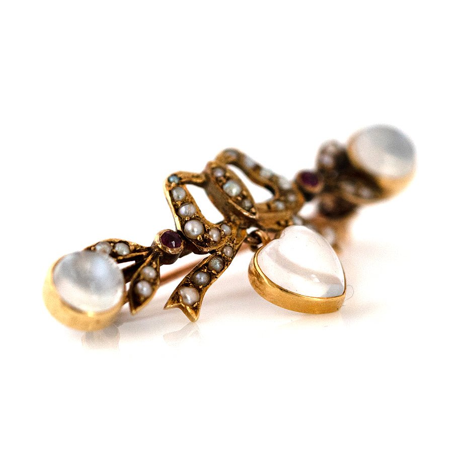 Antique Victorian Moonstone Bow Pearl Brooch, view 7