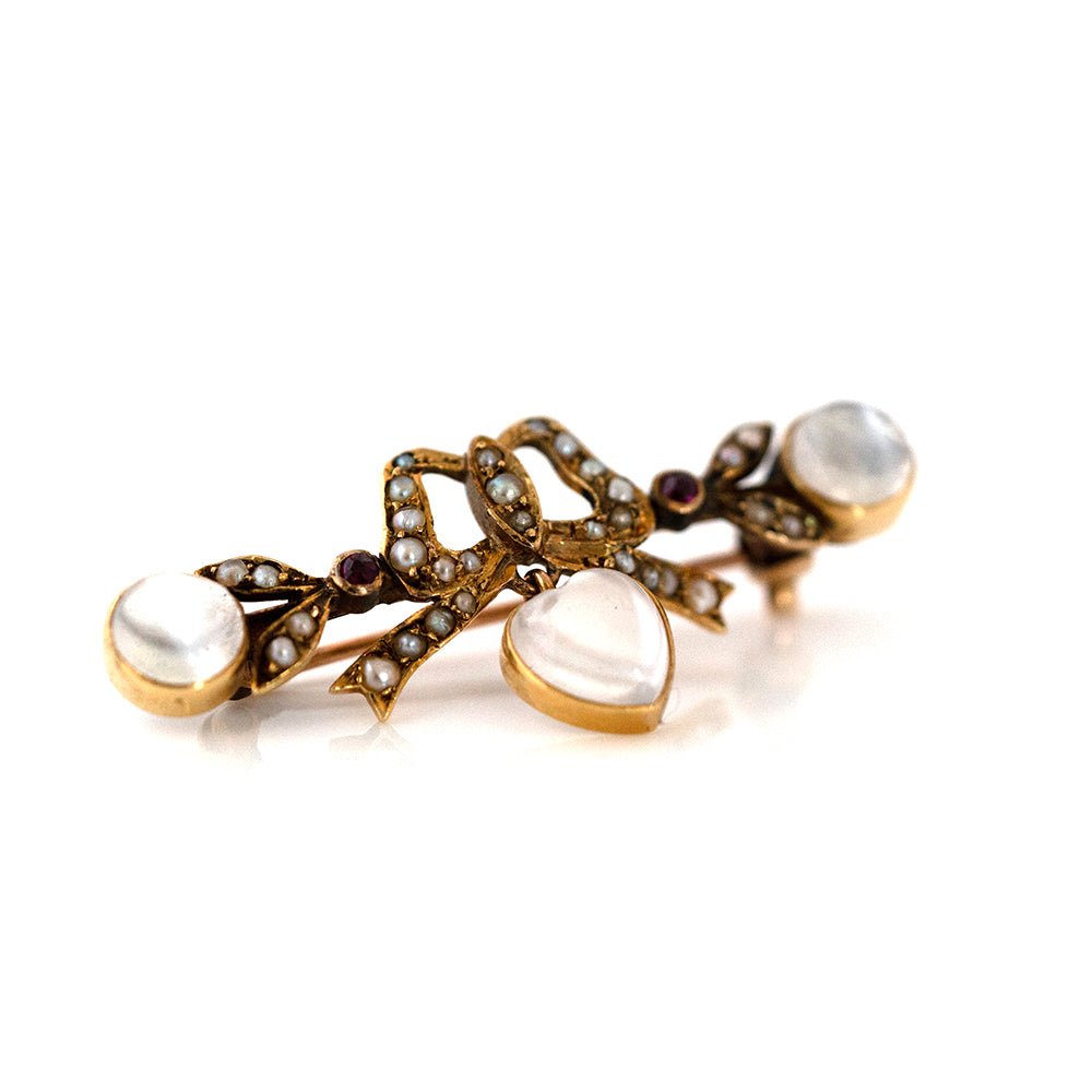 Antique Victorian Moonstone Bow Pearl Brooch, view 8