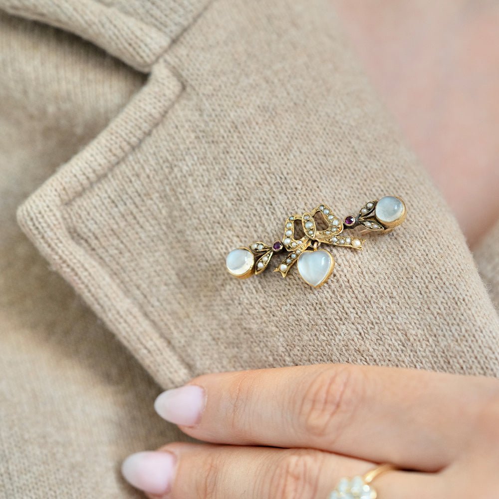 Antique Victorian Moonstone Bow Pearl Brooch, view 4