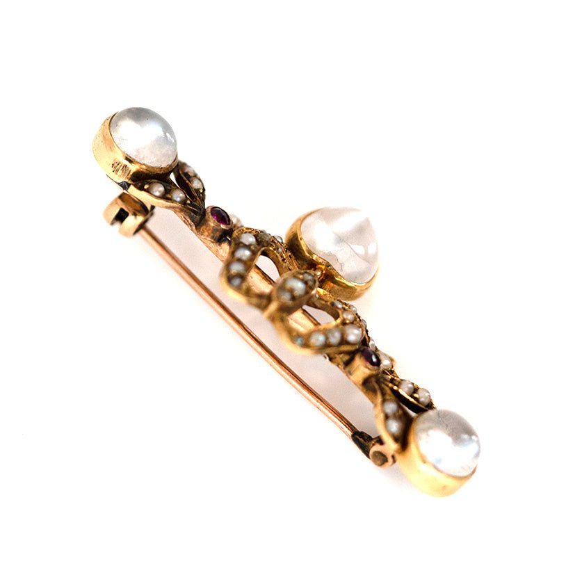 Antique Victorian Moonstone Bow Pearl Brooch, view 9
