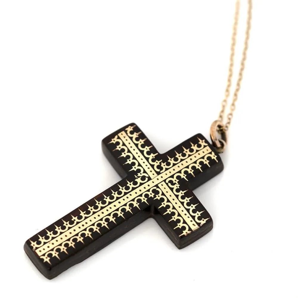 Antique Victorian Pique Tortoiseshell Cross Necklace, view 5