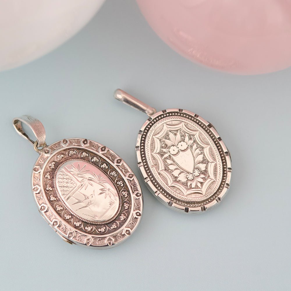 Late Victorian Engraved Bird Silver Oval Antique Locket, view 2