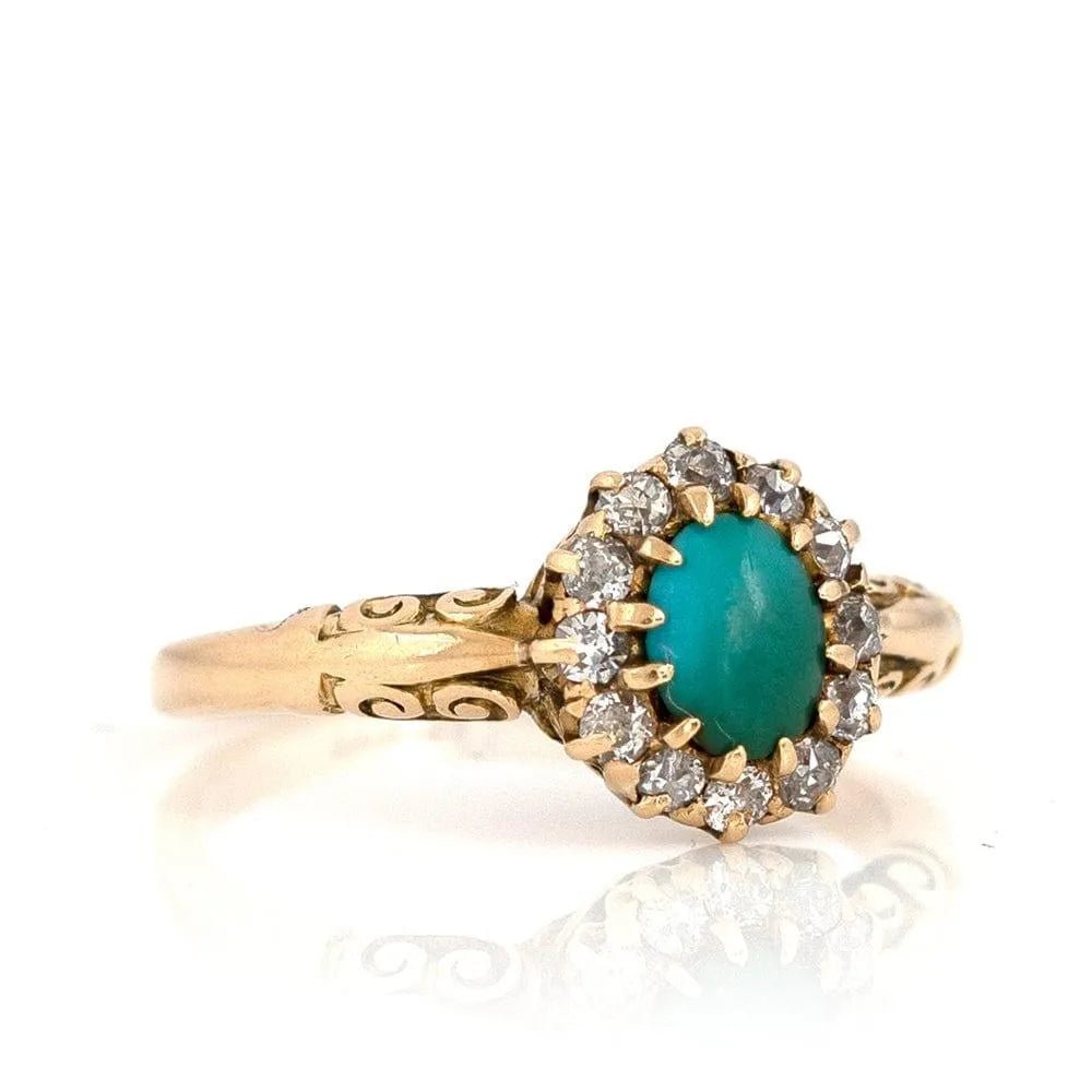 Antique Victorian Turquoise Diamond Halo 18ct Gold Ring, view 7