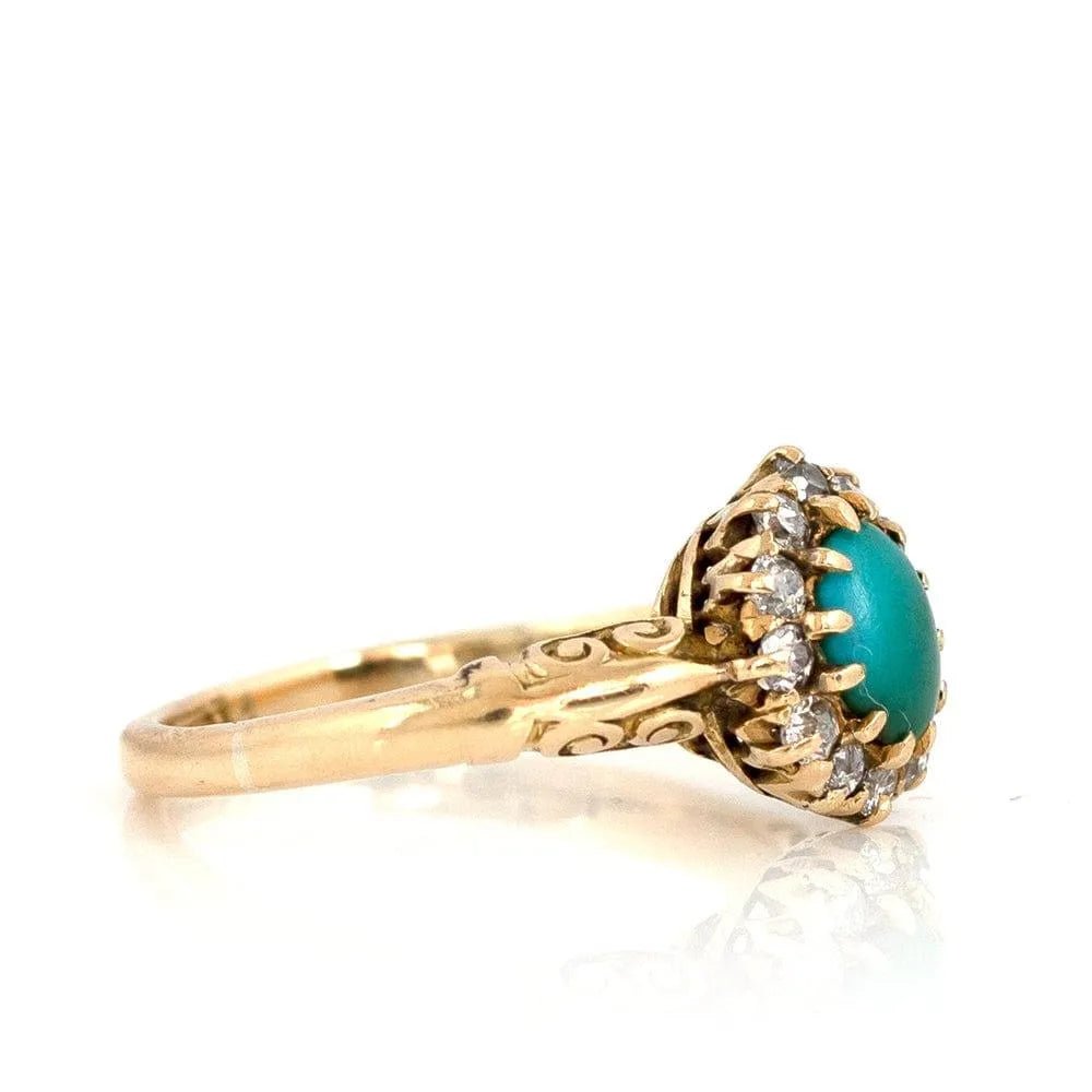 Antique Victorian Turquoise Diamond Halo 18ct Gold Ring, view 6