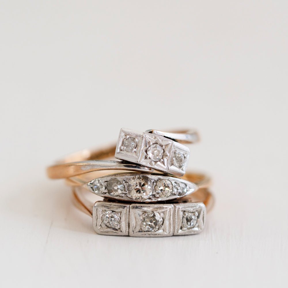 Art Deco Three-Stone Diamond 9K Gold and Platinum Ring, view 9