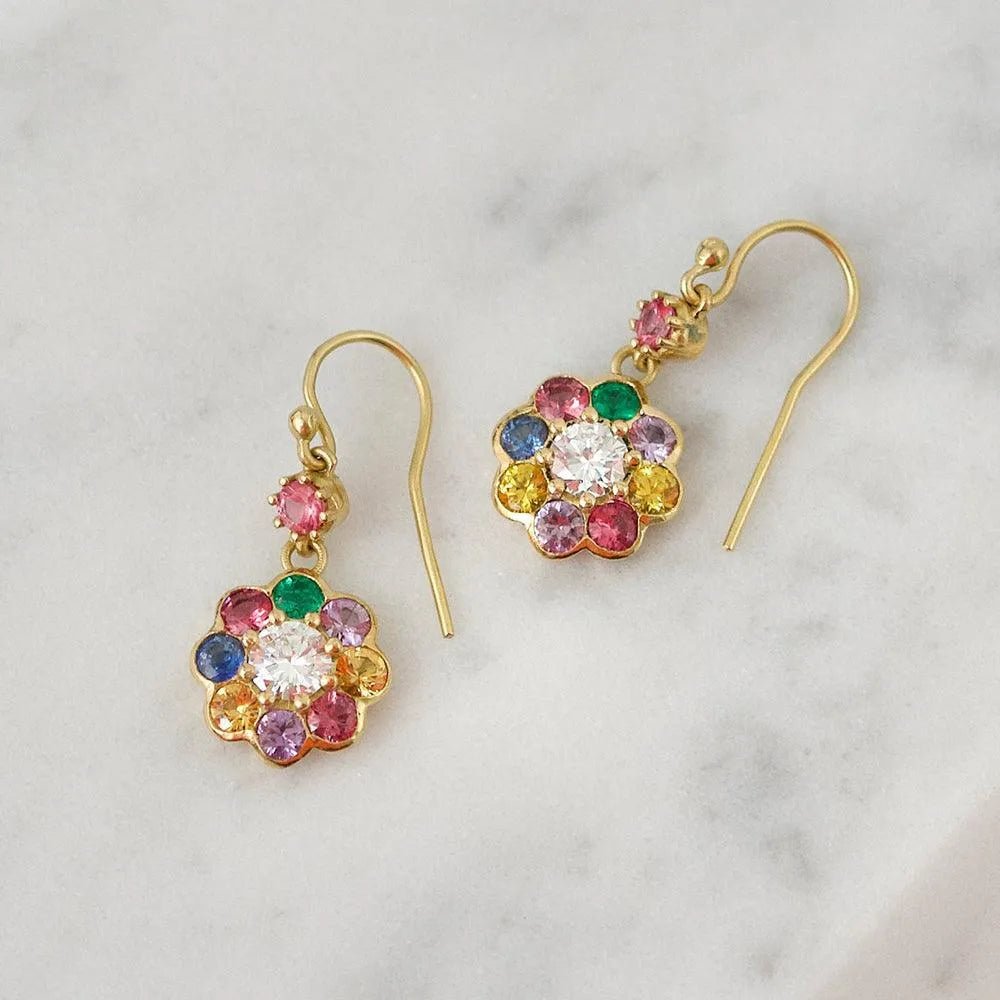 Bloom 0.74 Carat Diamond and Gemstone 18K Gold Flower Earrings, view 4