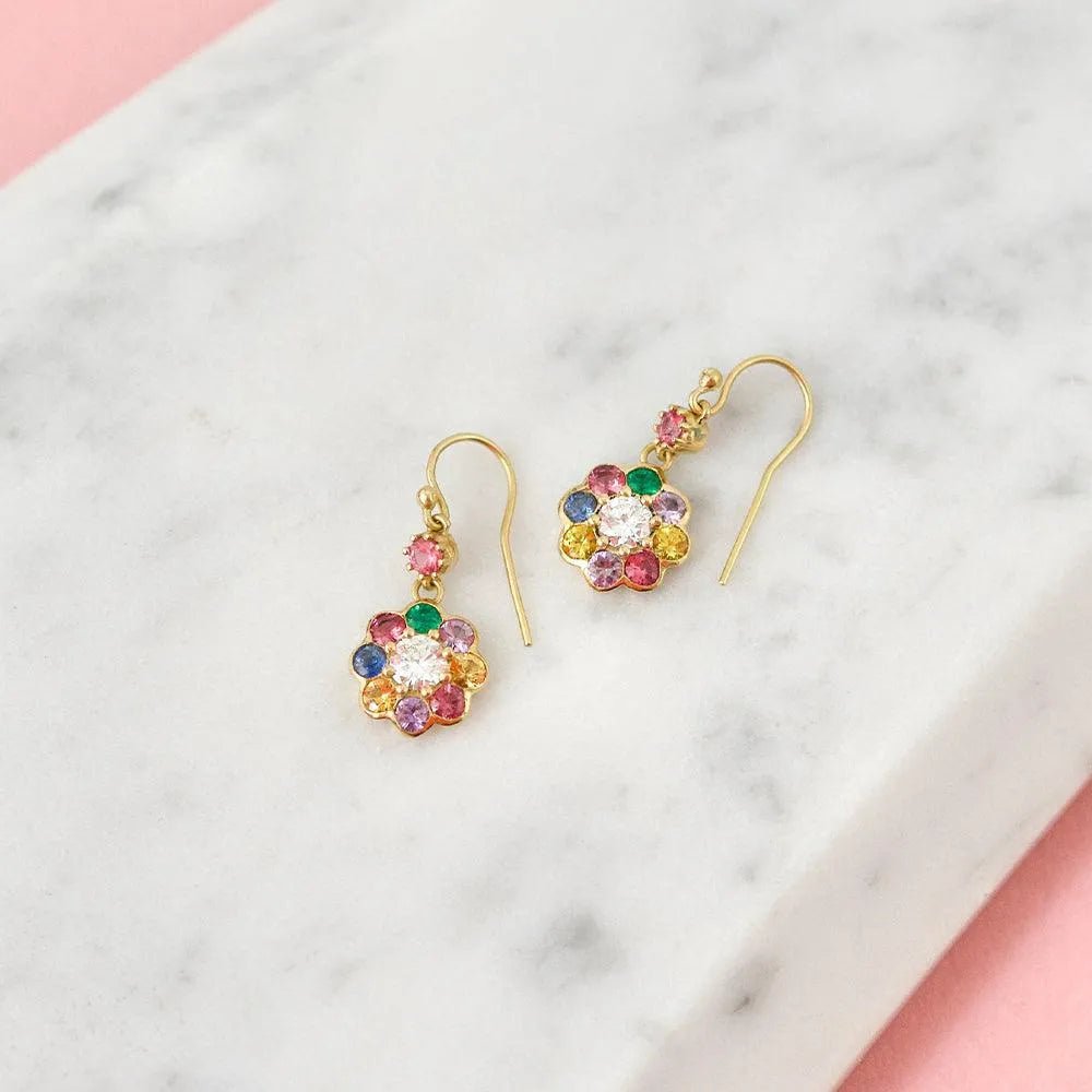 Bloom 0.74 Carat Diamond and Gemstone 18K Gold Flower Earrings, view 5