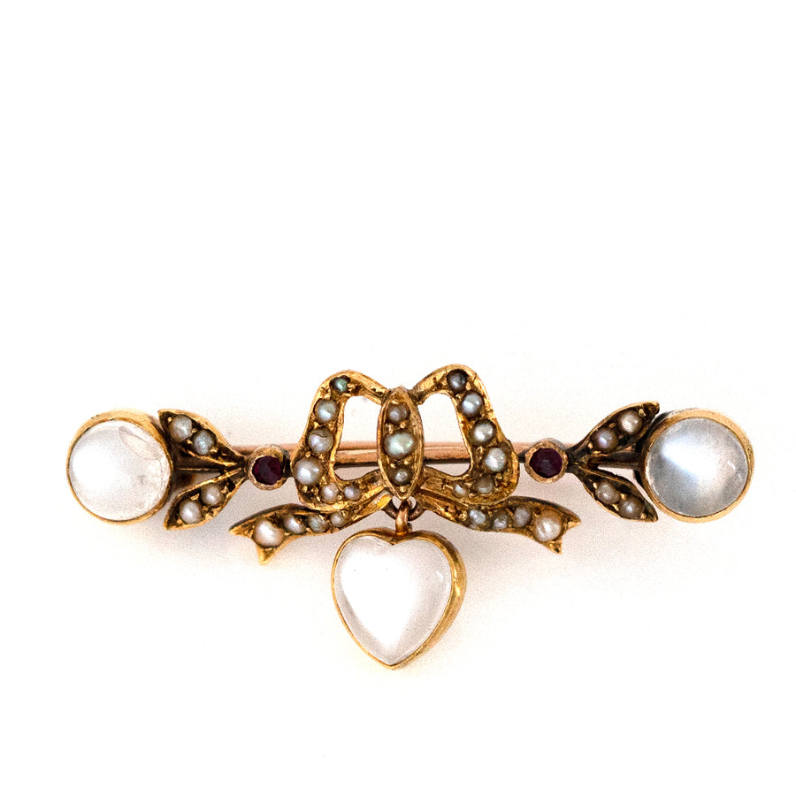 Antique Victorian Moonstone Bow Pearl Brooch