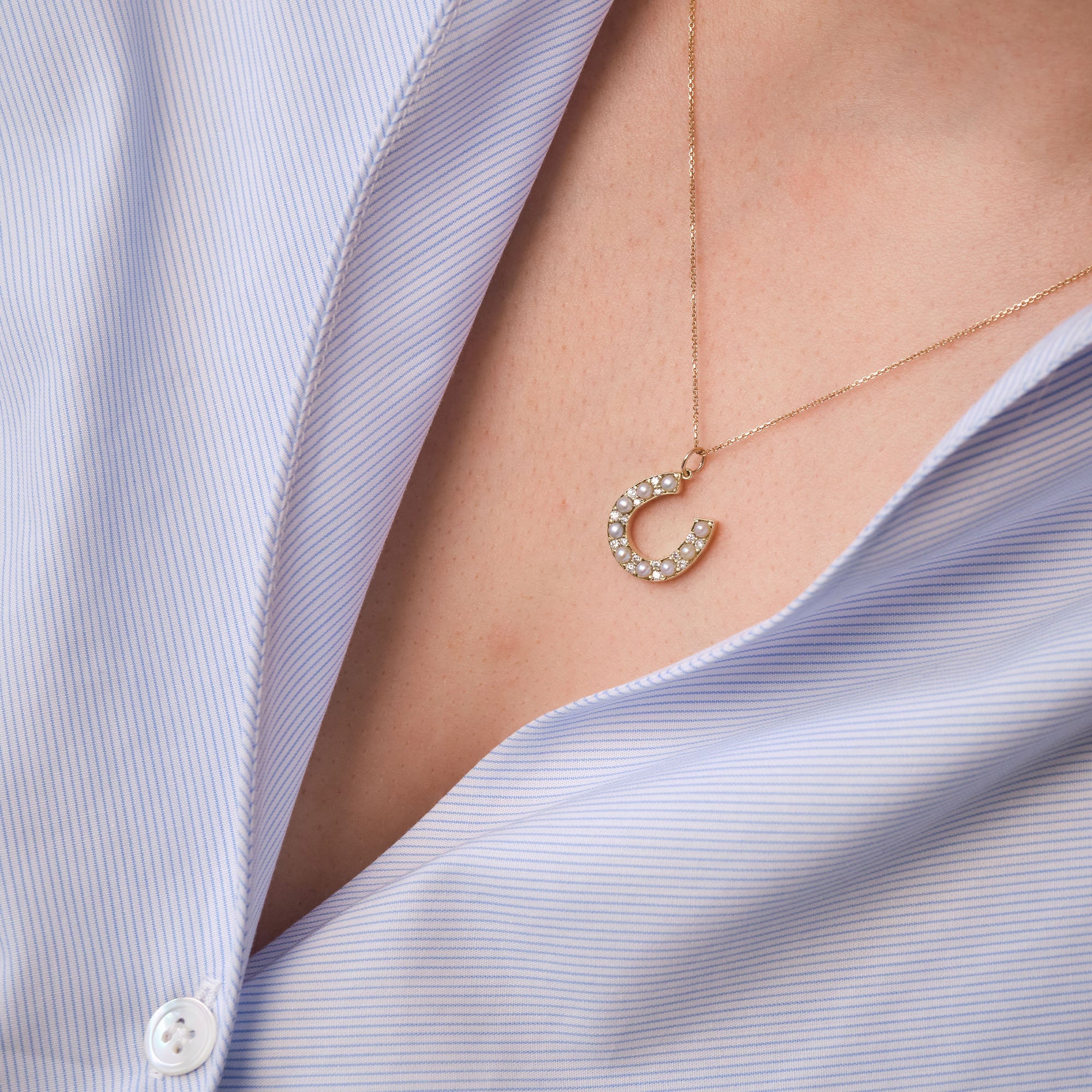Constance Horseshoe 0.28 Carat Diamond and Pearl 14K Gold Pendant Necklace, view 2