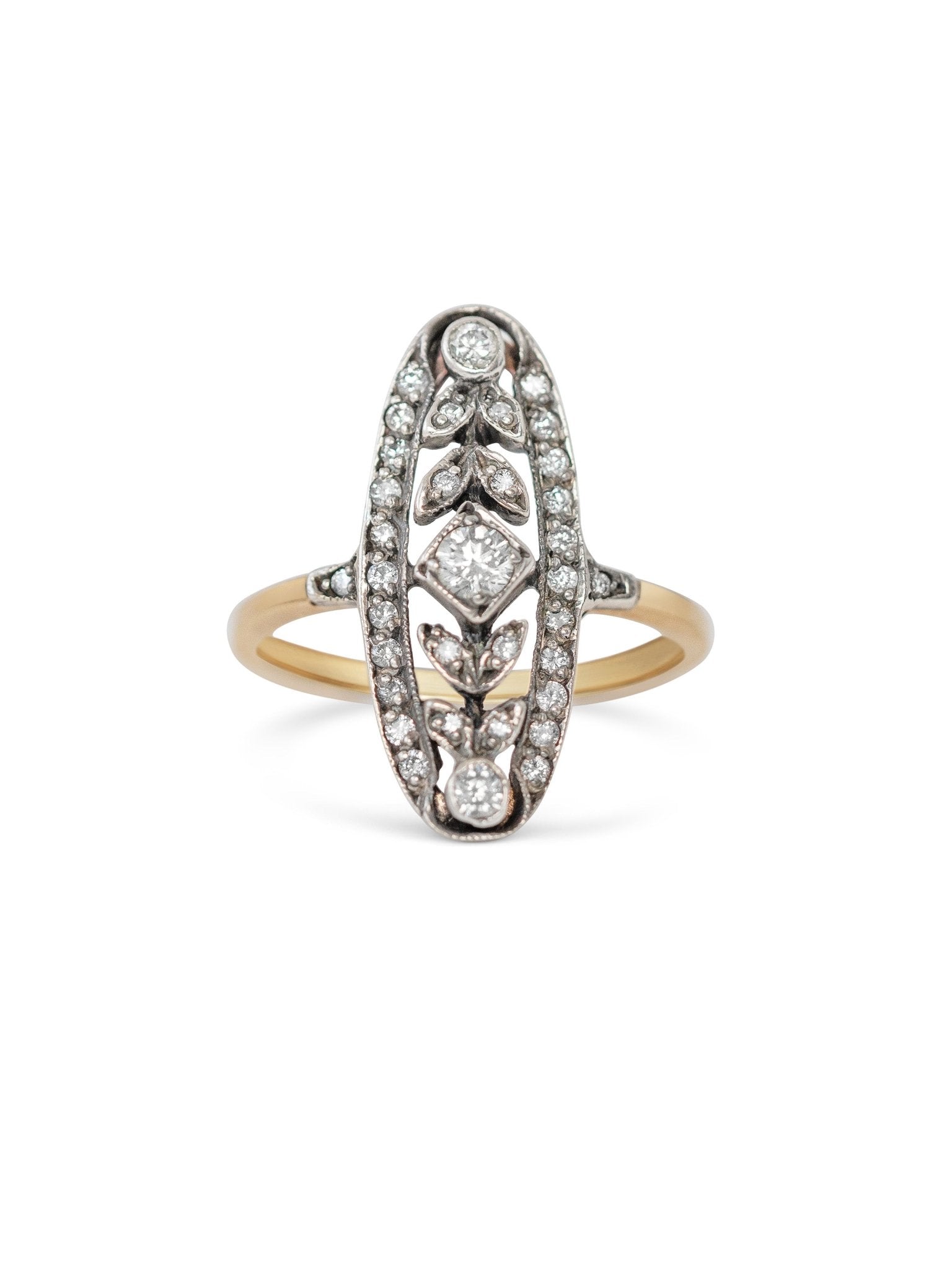 Edwardian 0.40 Carat Old Cut Diamond Platinum and 18K Gold Navette Antique Engagement Ring
