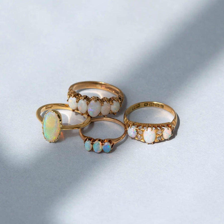 EDWARDIAN Rings Antique Edwardian 1903 Triple Opal Diamond 18ct Gold Ring Mayveda Jewellery