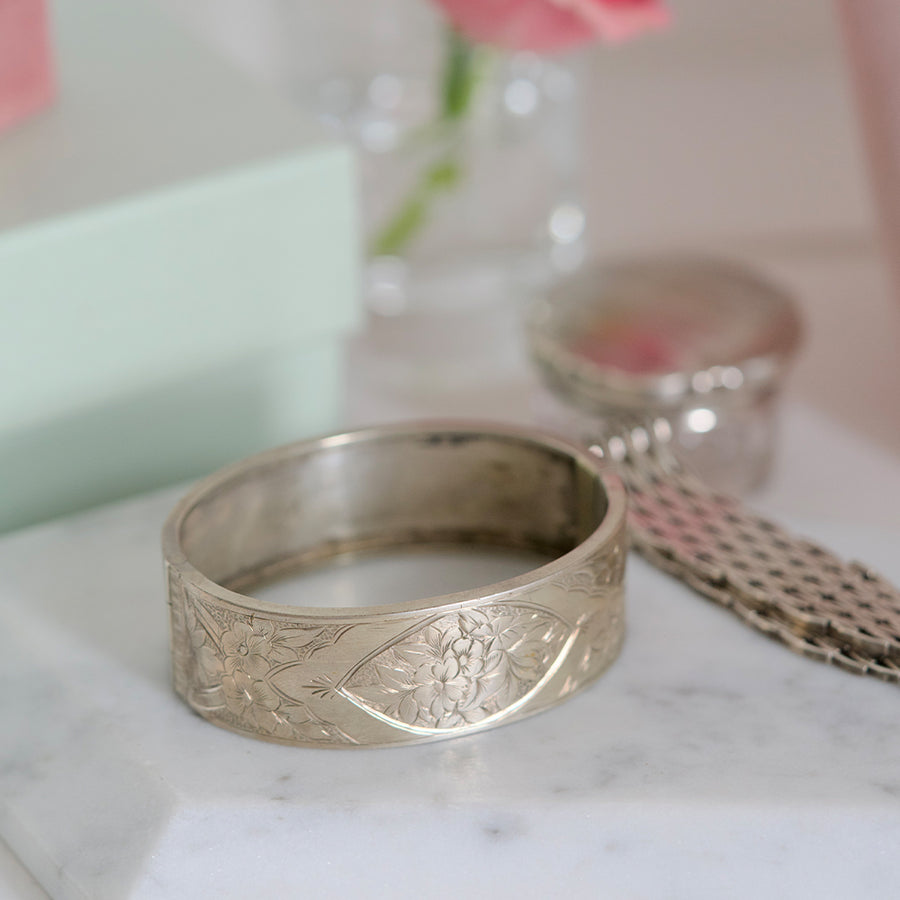 Antique Victorian Engraved Silver Bangle Bracelet - Mayveda Jewelry