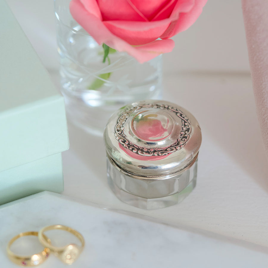 Antique 1916 Silver and Glass Vanity Pot - Mayveda Jewelry