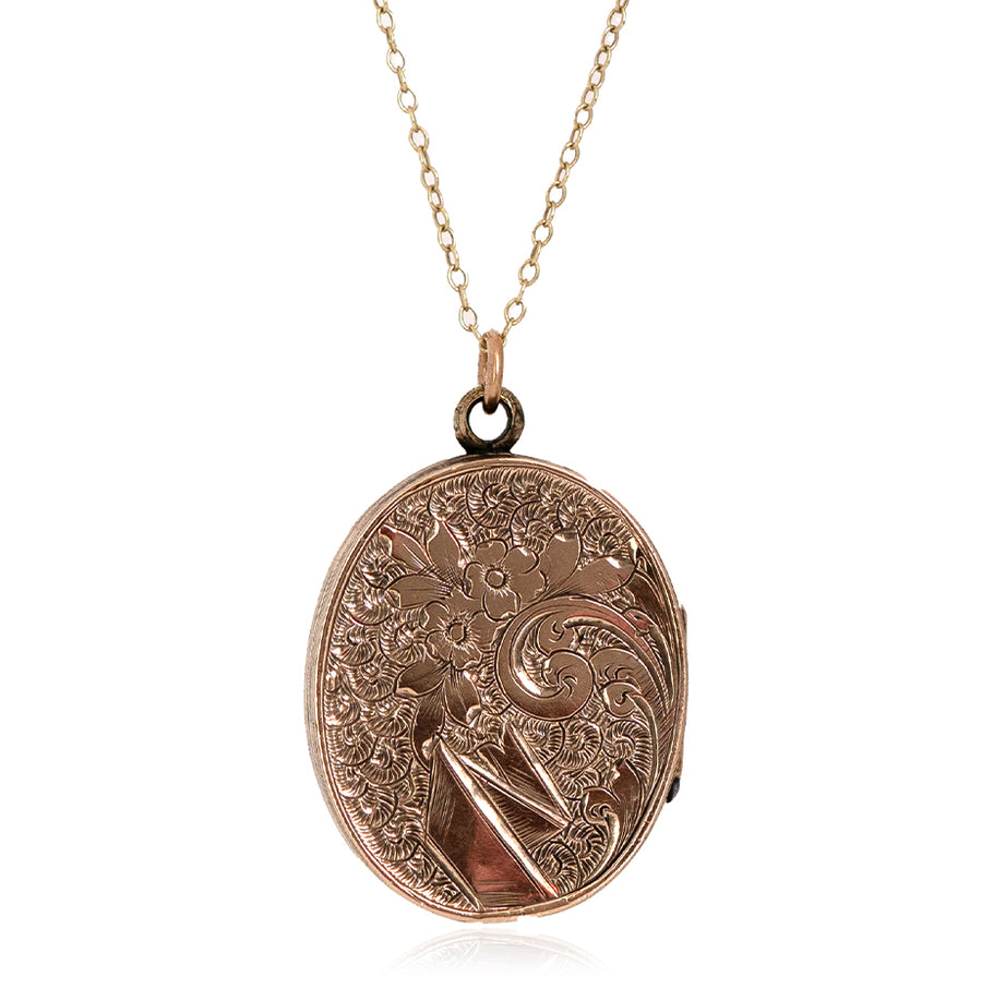 Antique Victorian Engraved 9ct Yellow Gold Locket Necklace - Mayveda Jewelry