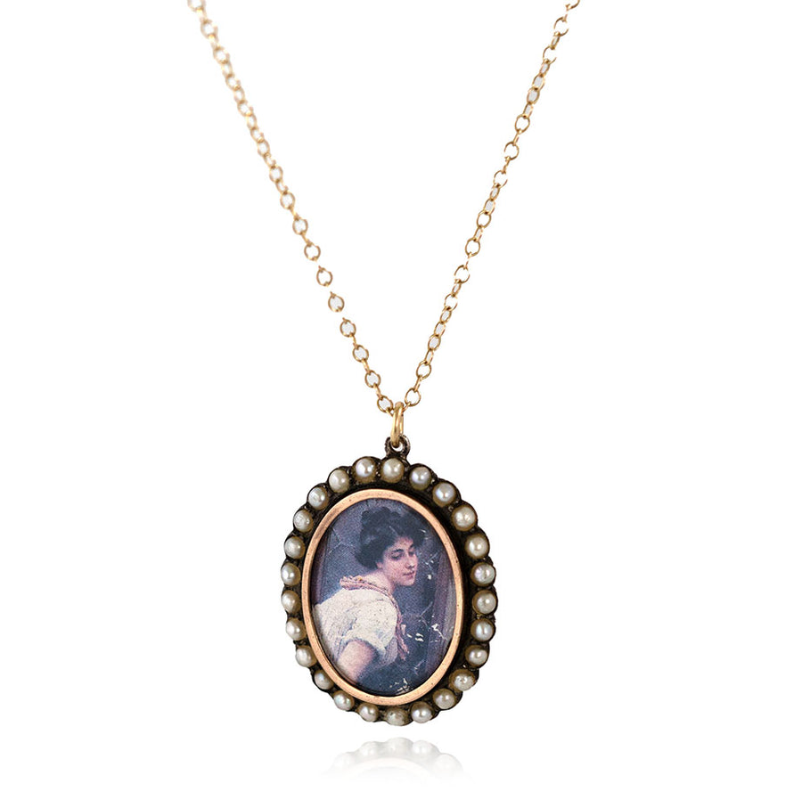 Antique 1903 Pearl Portrait Silver Gold Locket Necklace - Mayveda Jewelry