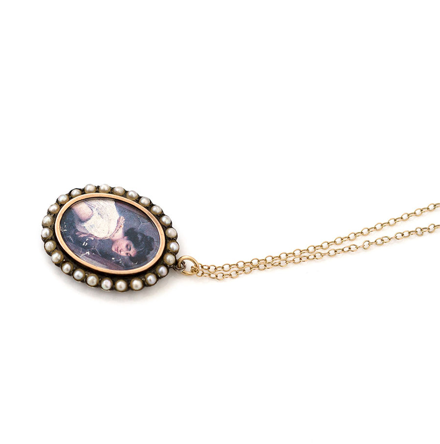 Antique 1903 Pearl Portrait Silver Gold Locket Necklace - Mayveda Jewelry