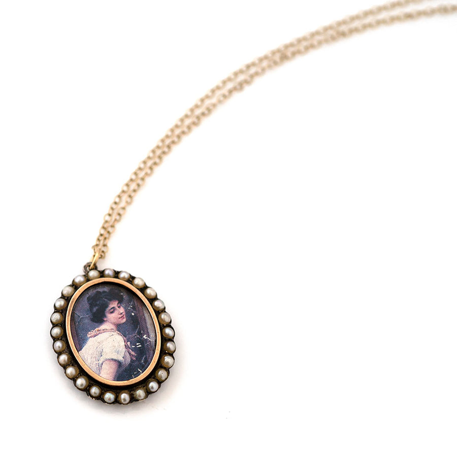 Antique 1903 Pearl Portrait Silver Gold Locket Necklace - Mayveda Jewelry