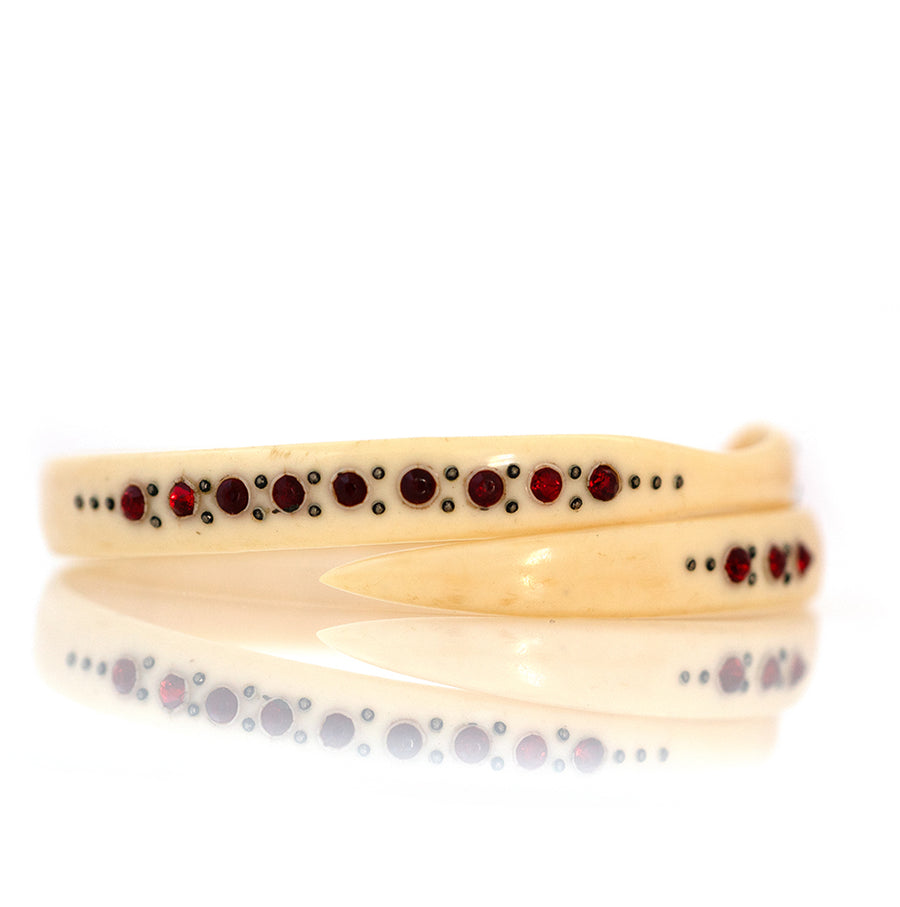 Antique 1910s–1920s Cream Celluloid Snake Bangle with Red Rhinestones - Mayveda Jewelry