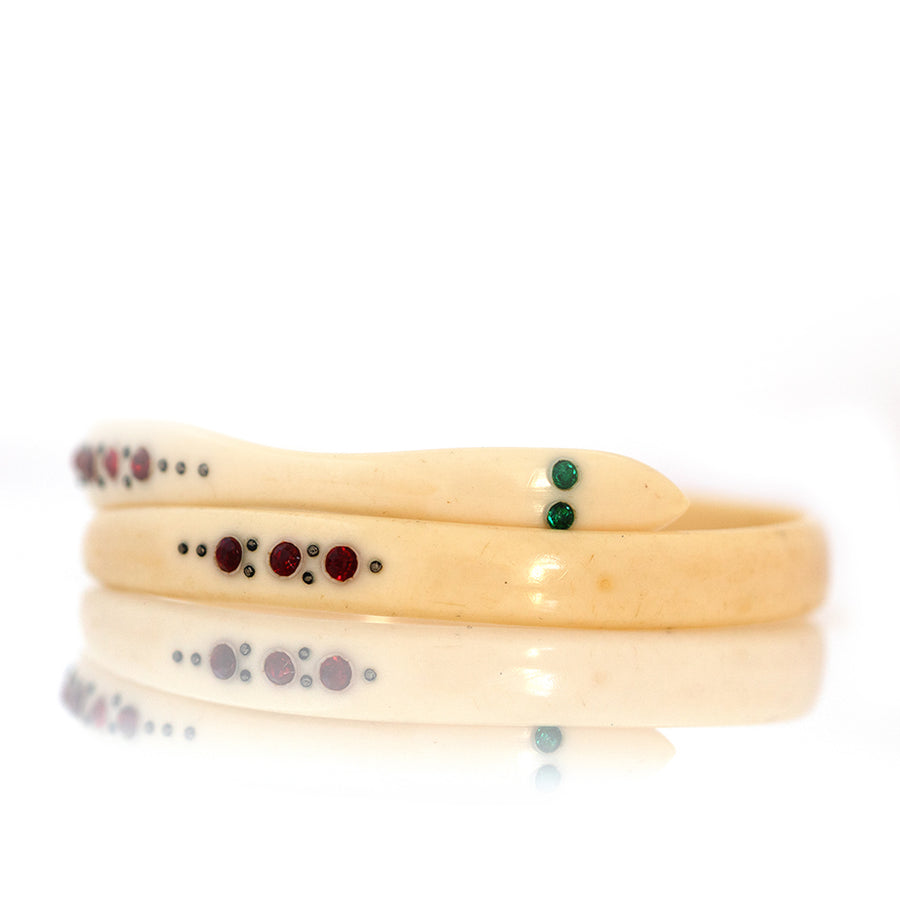 Antique 1910s–1920s Cream Celluloid Snake Bangle with Red Rhinestones - Mayveda Jewelry