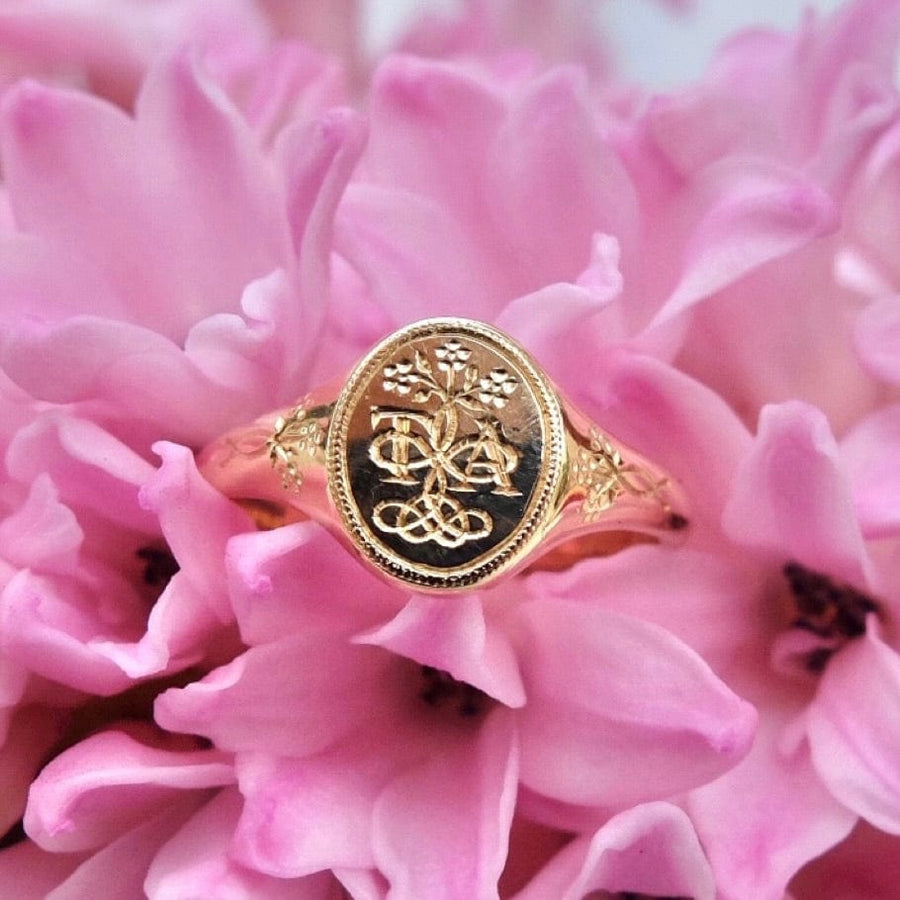 MAYVEDA Rings Handmade Forget-Me-Not Gold Signet Ring Mayveda Jewellery