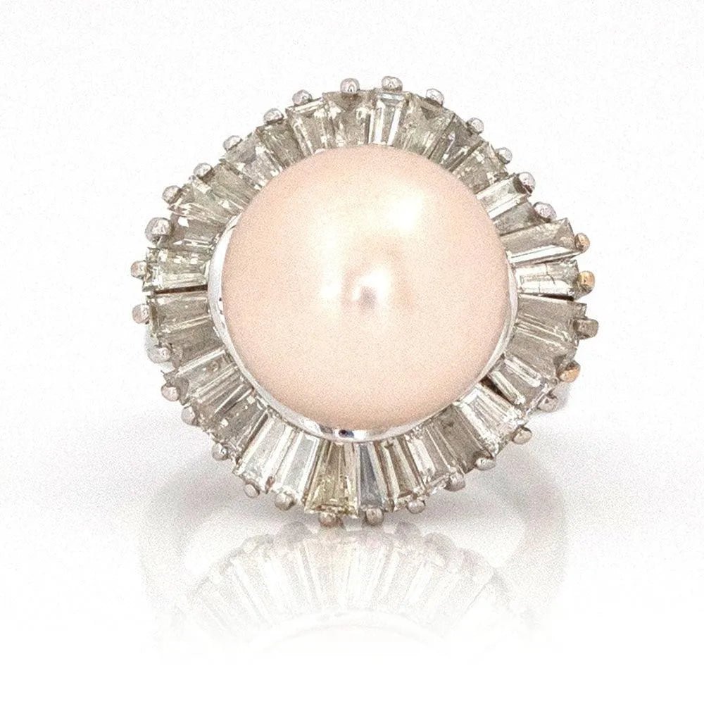 Pearl and 2.35 Carat Baguette Diamond 18K White Gold Ballerina Ring, view 13