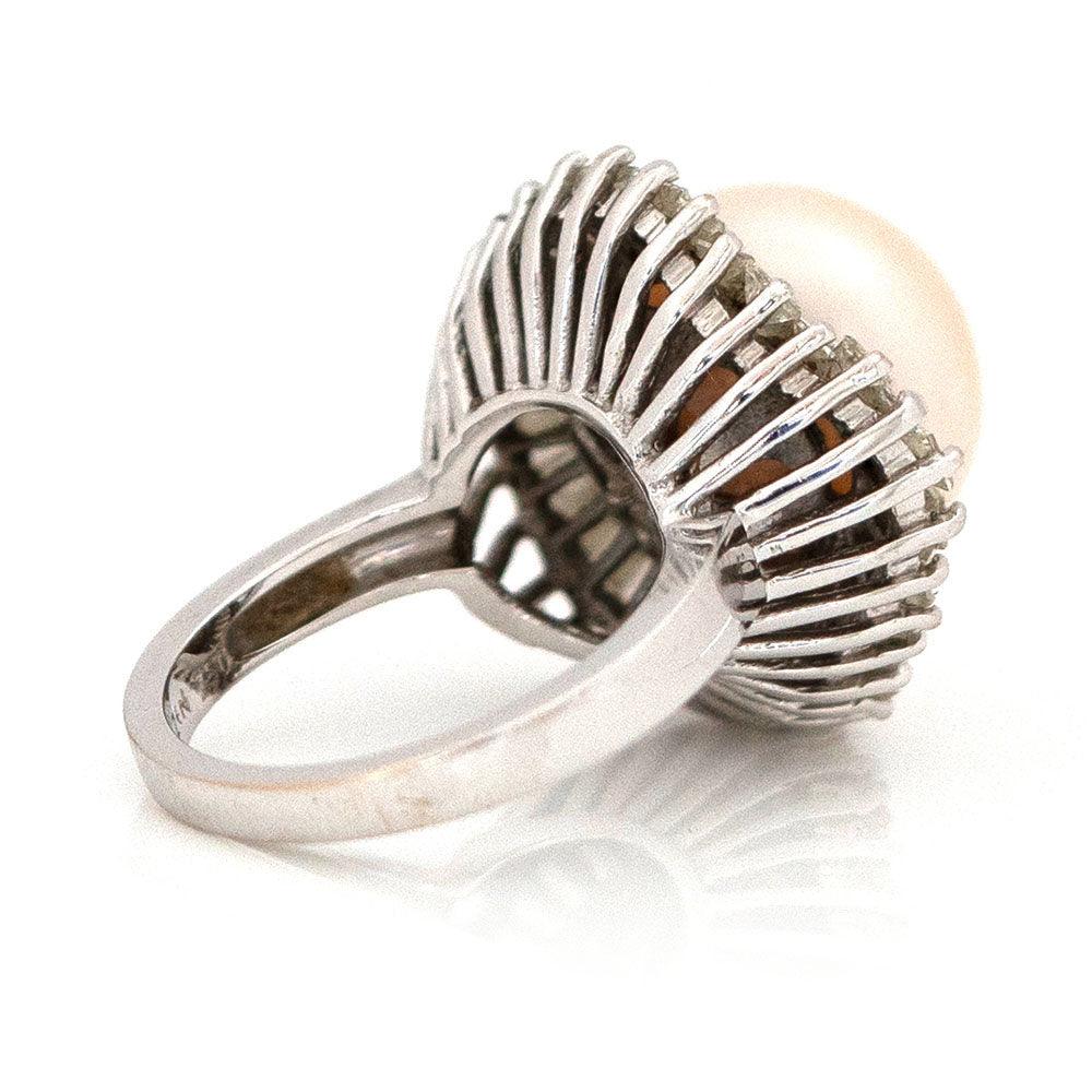Pearl and 2.35 Carat Baguette Diamond 18K White Gold Ballerina Ring, view 12