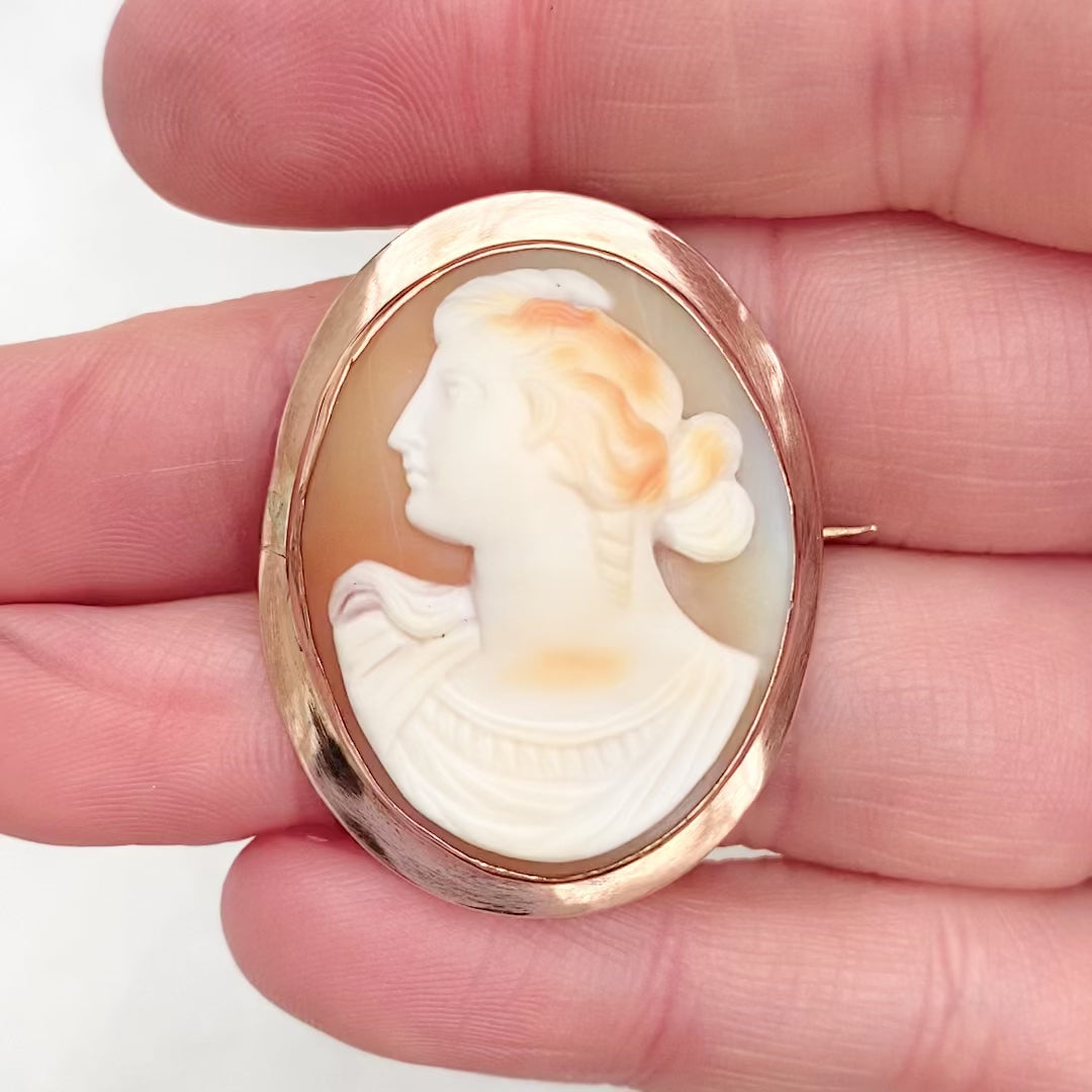 Victorian Carved Shell Cameo 9K Rose Gold Antique Brooch, video
