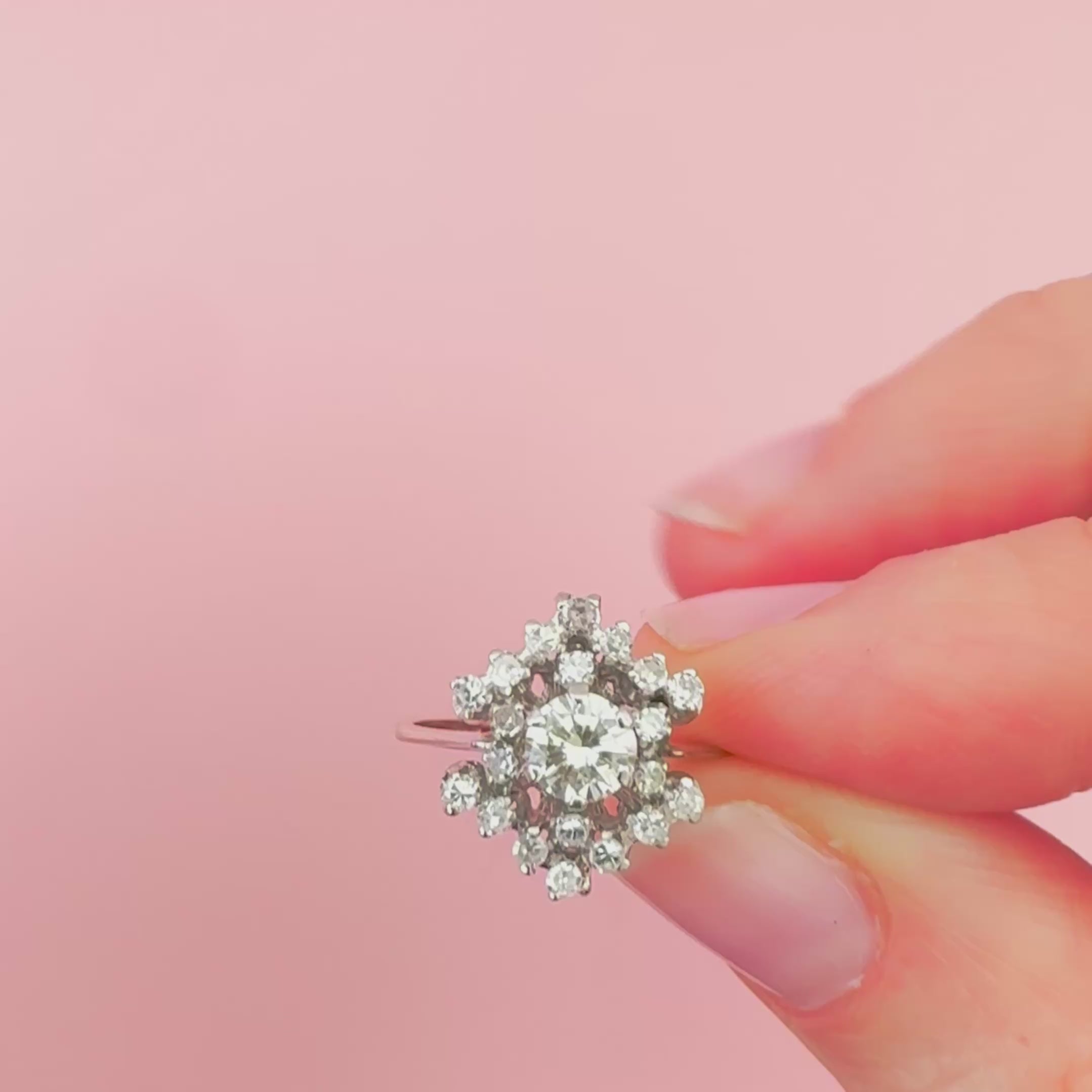 Mid-Century 1950s 0.55 Carat Diamond 18K White Gold Cluster Vintage Engagement Ring, video