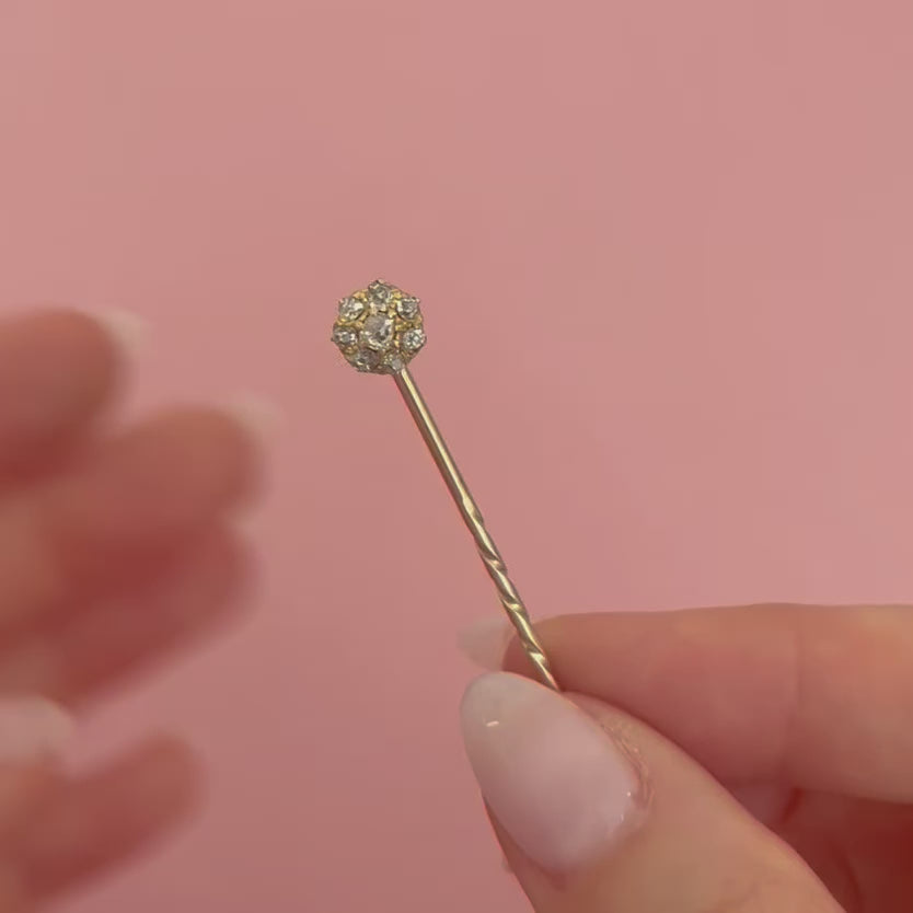 Victorian 0.32 Carat Diamond Halo 9K Gold Antique Stick Pin Brooch, video