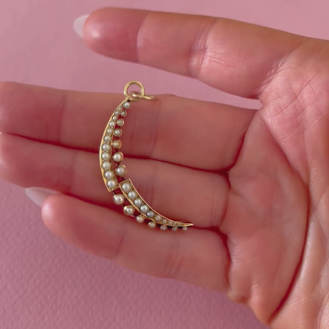Antique Victorian 15ct Split Pearl Crescent Moon Pendant Necklace, video
