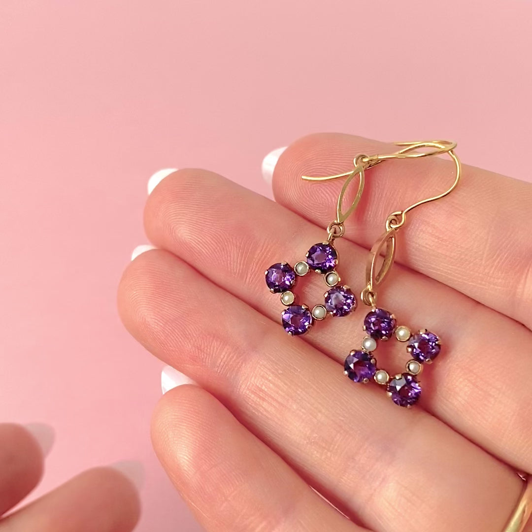 Antique Edwardian Amethyst Seed Pearl  9ct Gold Drop Earrings, video
