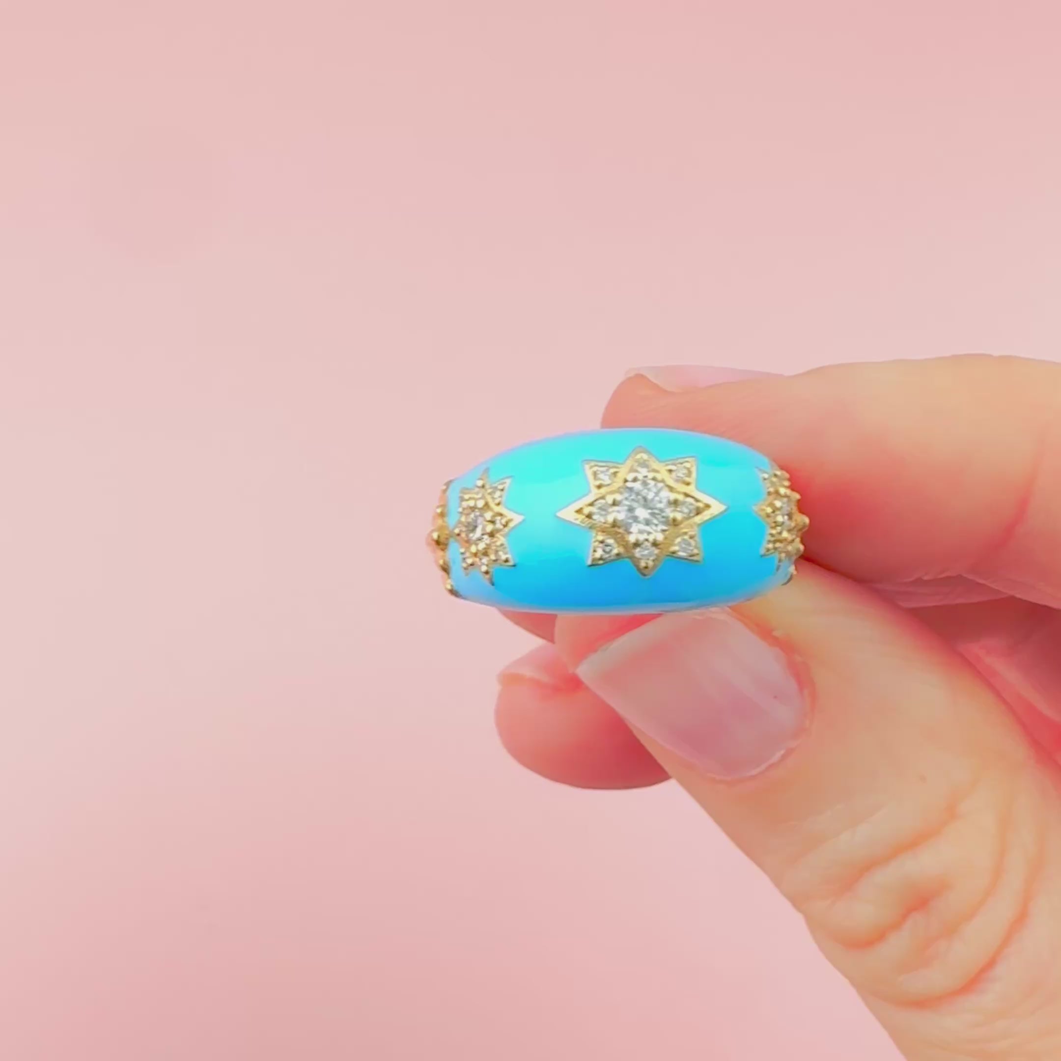 Violette Triple Diamond Blue Enamel Star 14K Gold Ring, video