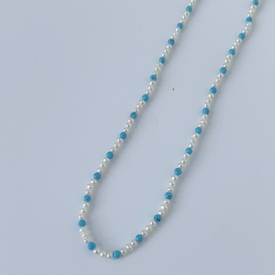Handmade Turquoise & Pearl Beaded Necklace