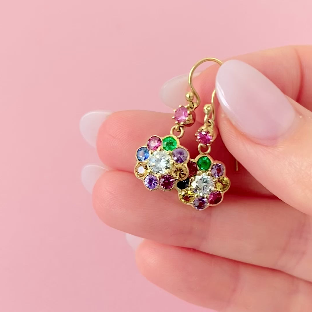 Bloom 0.74 Carat Diamond and Gemstone 18K Gold Flower Earrings, video
