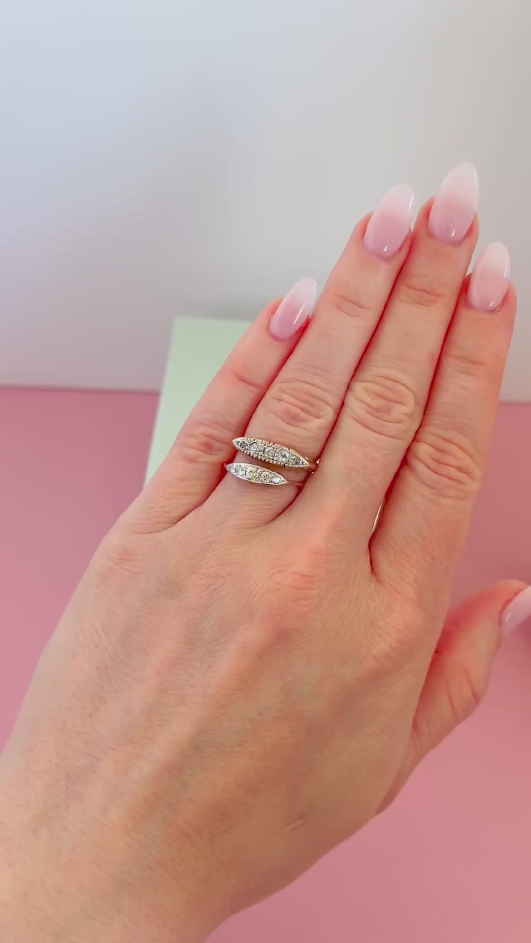Edwardian 0.25 Carat Five-Stone Diamond 18K Gold and Platinum Navette Antique Engagement Ring, video