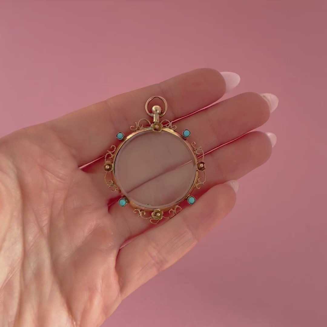 Antique Edwardian Turquoise 9ct Gold Glass Locket Necklace, video