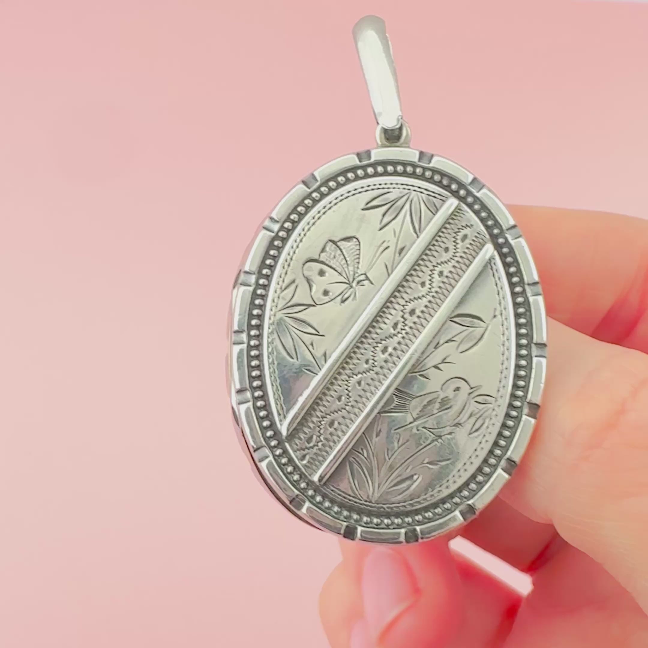Late Victorian Engraved Bird Silver Oval Antique Locket, video
