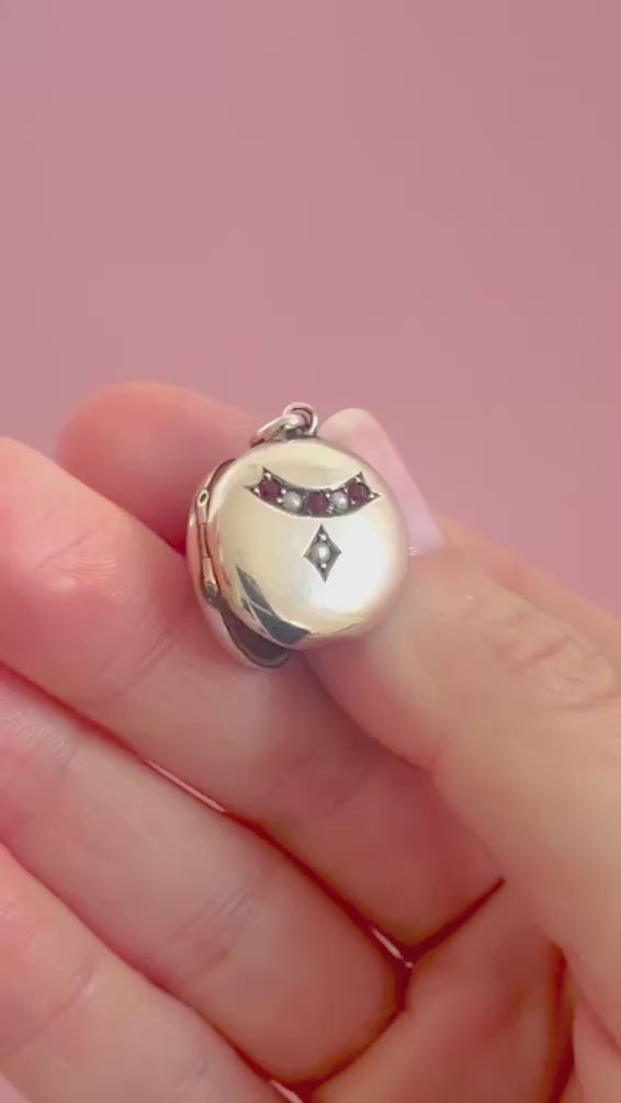 Victorian Ruby and Seed Pearl 9K Rose Gold Antique Locket Necklace, video