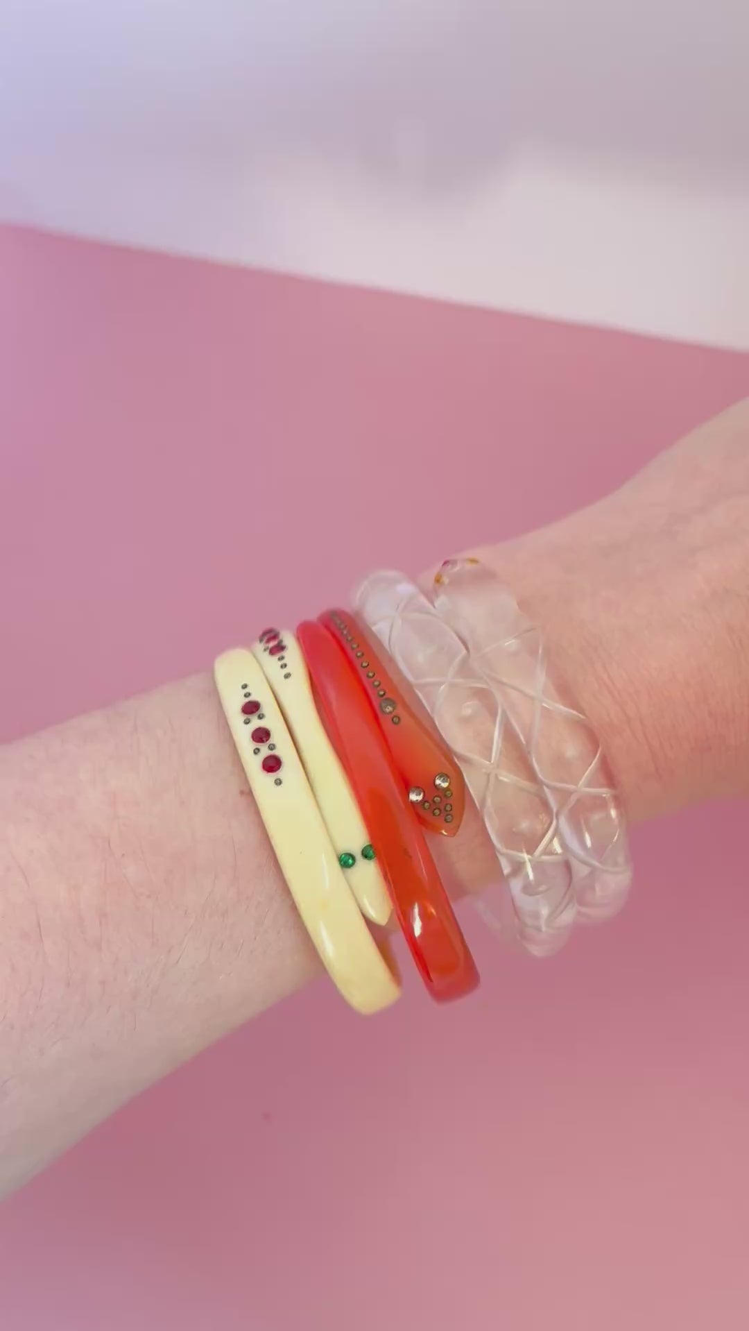 Edwardian 1910s–1920s Celluloid Snake Antique Bangle with Red Rhinestones, video