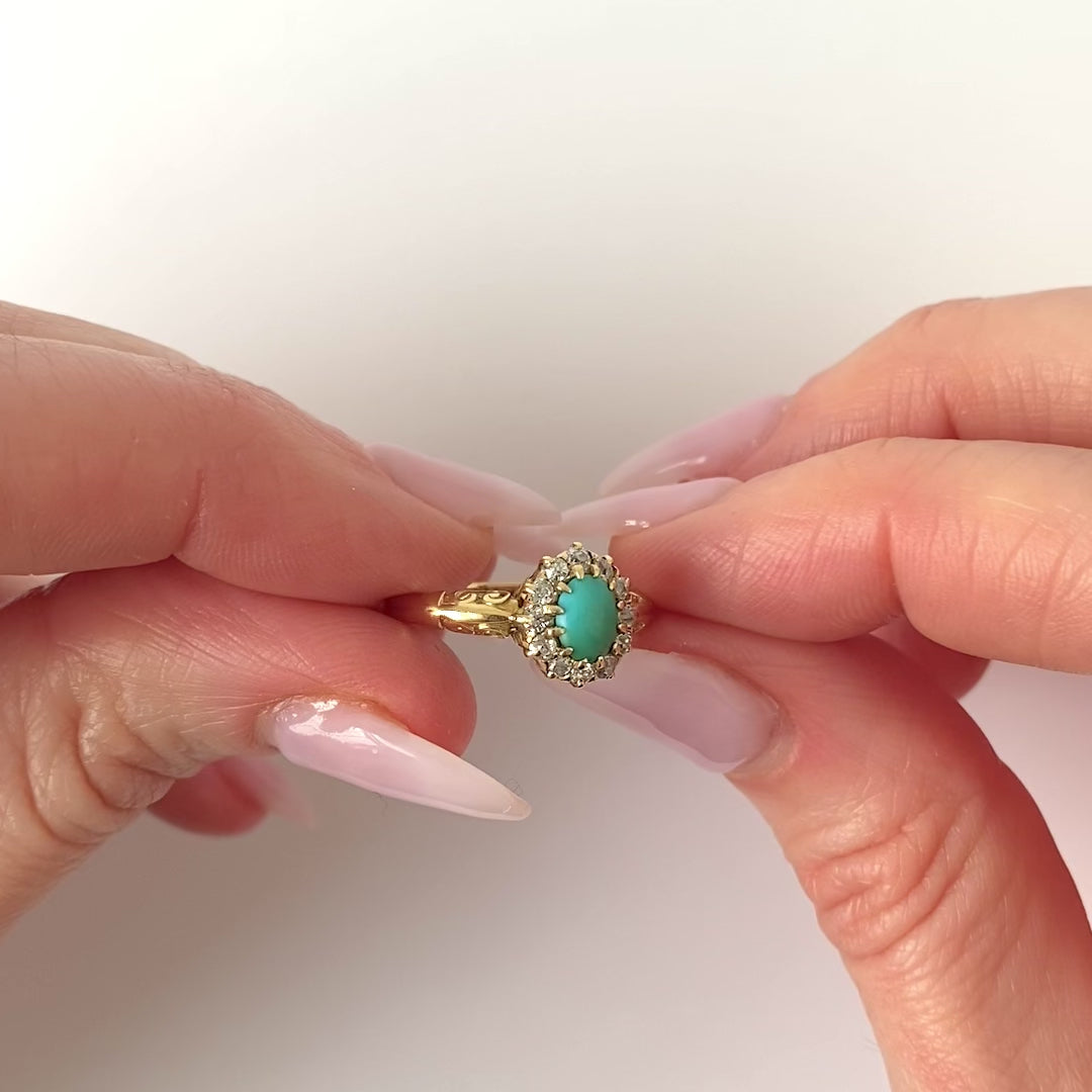 Antique Victorian Turquoise Diamond Halo 18ct Gold Ring, video