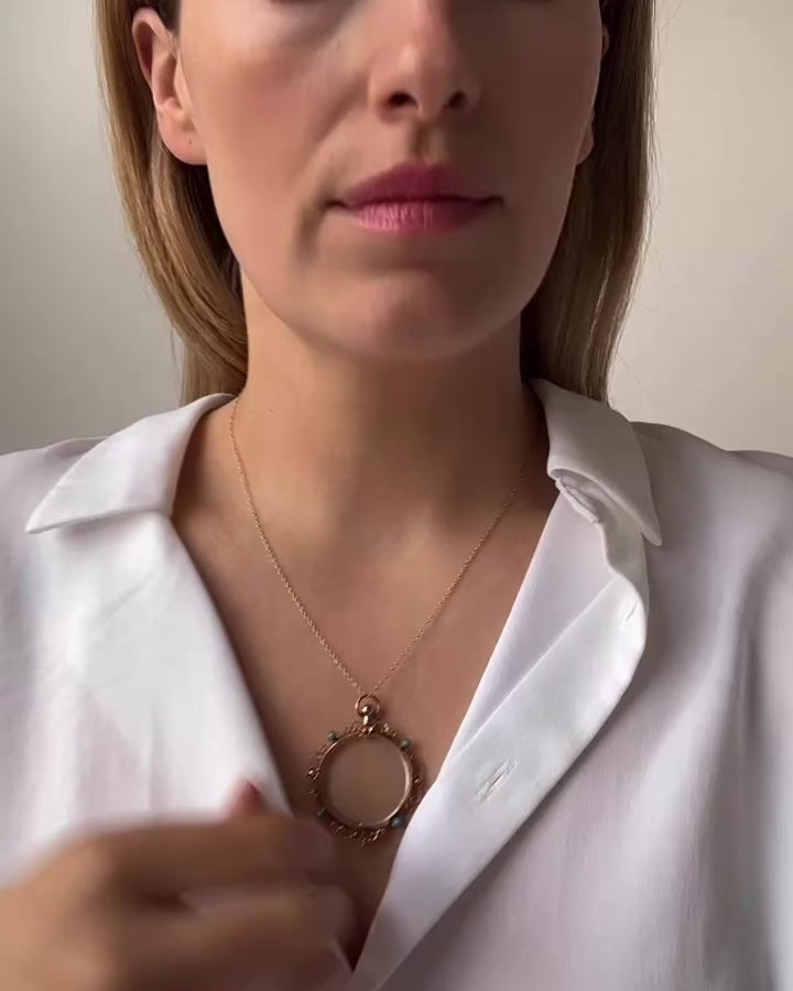 Antique Edwardian Turquoise 9ct Gold Glass Locket Necklace, video